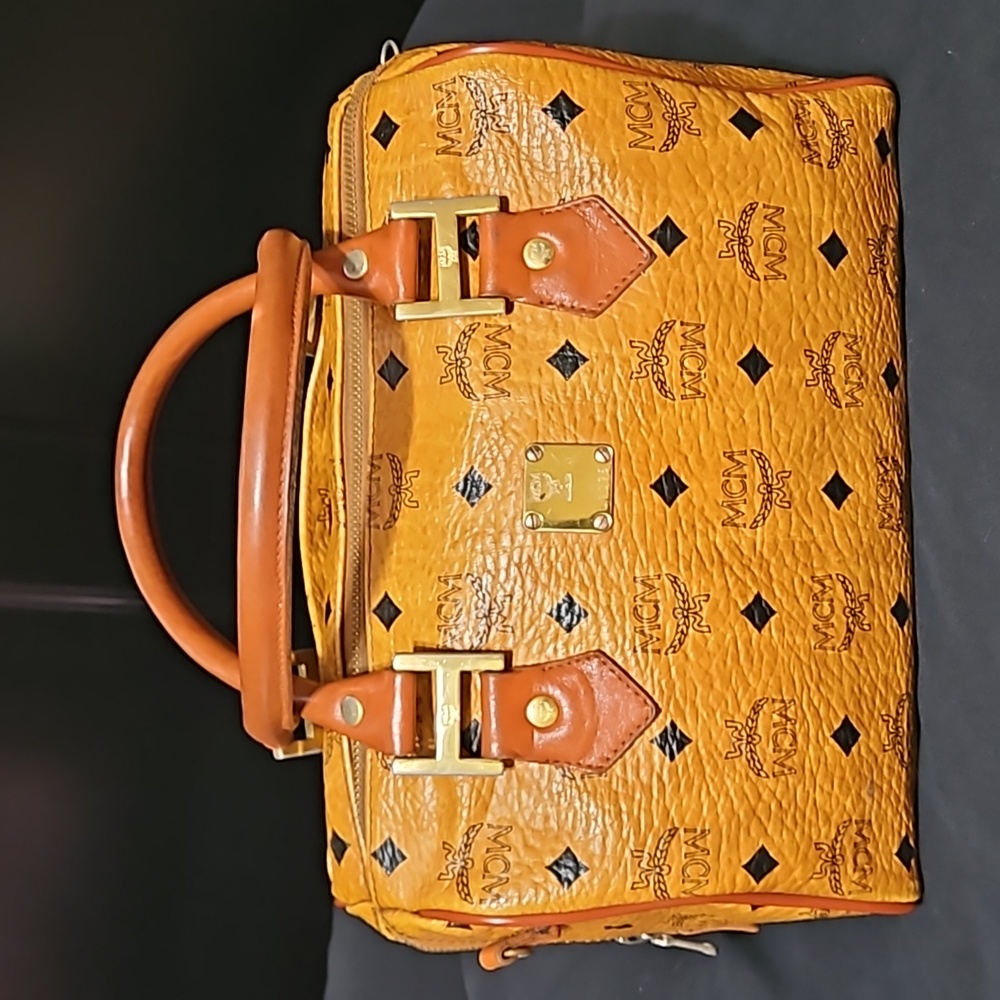 Authentic MCM Cognac Monogram Visetos Boston Bag